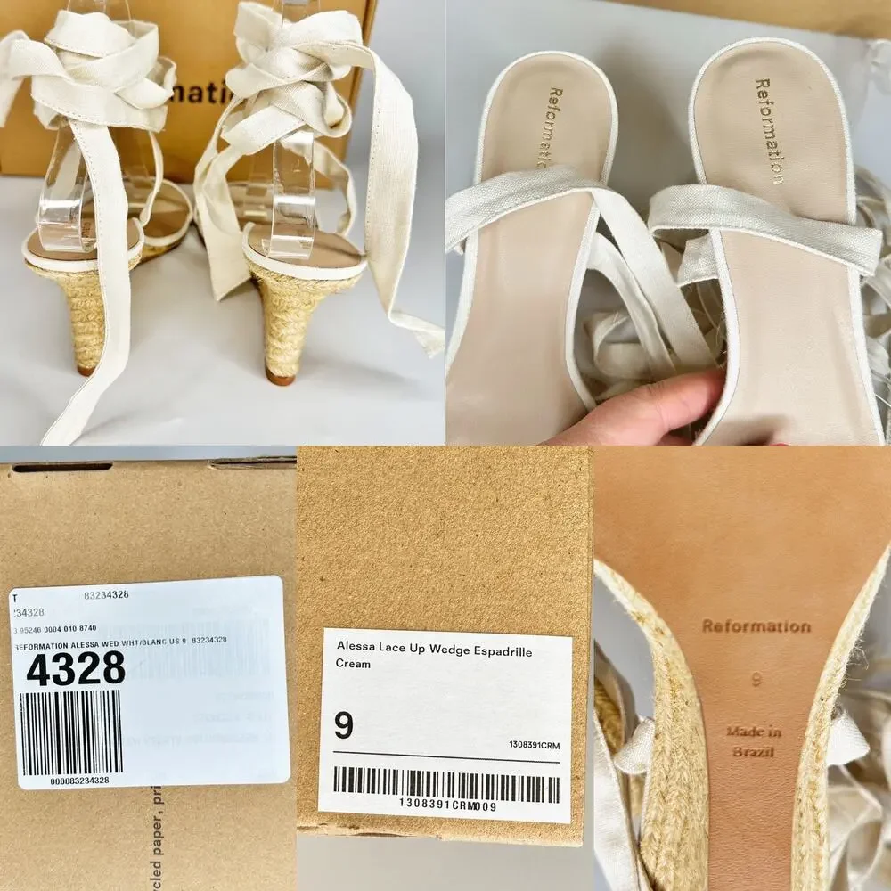 NWT Reformation Alessa Lace Up Cream Linen Wedge Espadrilles Shoes Size 9